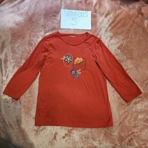 Womens S Autumn Sparkly Embellished Flowers Burnt Orange 3/4 Sleeve Graphic Tee